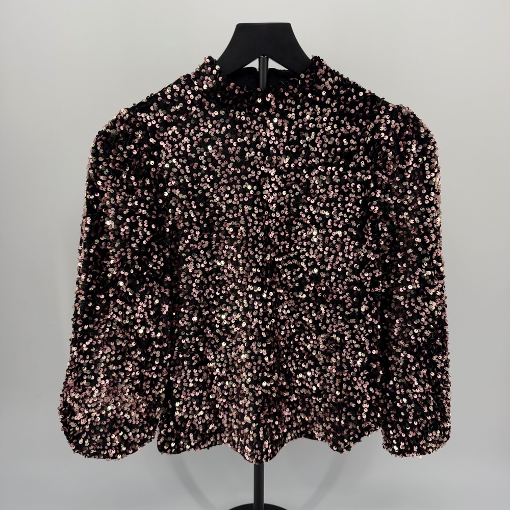 Nanette Lepore Sequin Top Women Small Black Pink Balloon Sleeve Mockneck